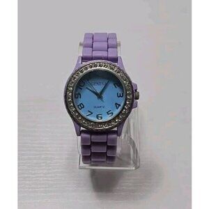 Geneva Wrist Watch Purple Silicone Buckle Band Rhinestone Jeweled New Battery